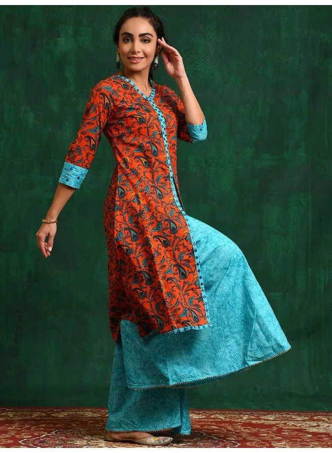 AKS Orange A-Line Kurta set with mirror Work