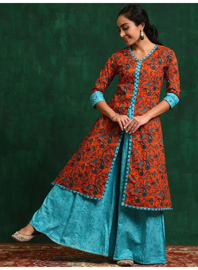 AKS Orange A-Line Kurta set with mirror Work