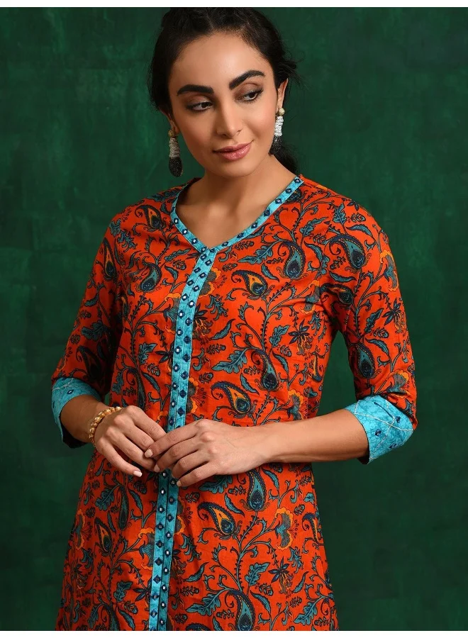 AKS Orange A-Line Kurta set with mirror Work
