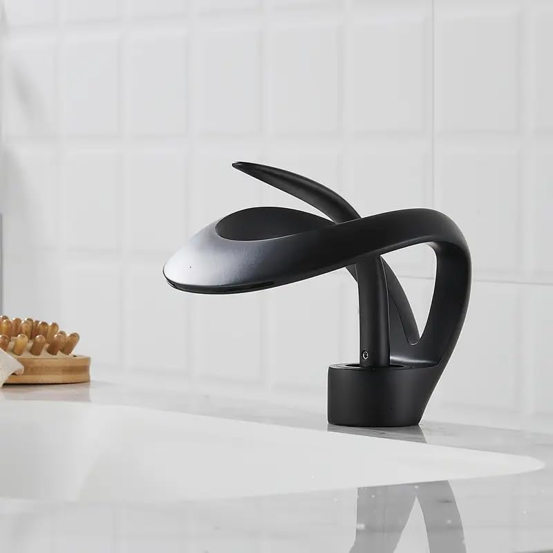 MIXEN Modern Elegant Waterfall Bathroom Basin Tap Single Lever Handle Solid Brass in Grey, Art Black Waterfall Bathroom Faucet One Handle Single Hole Deck Mount Basin Mixer Tap Hot Cold Faucet - Image 1