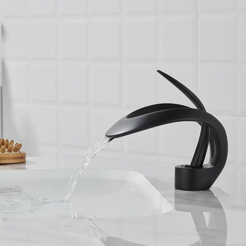 MIXEN Modern Elegant Waterfall Bathroom Basin Tap Single Lever Handle Solid Brass in Grey, Art Black Waterfall Bathroom Faucet One Handle Single Hole Deck Mount Basin Mixer Tap Hot Cold Faucet - Image 2