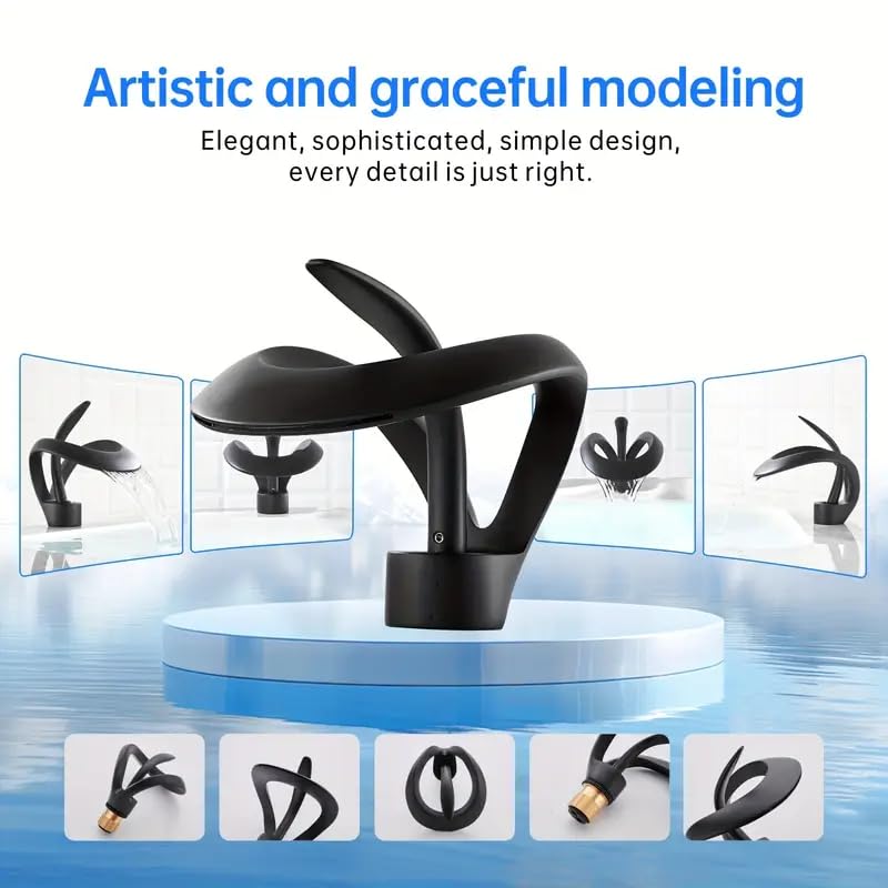 MIXEN Modern Elegant Waterfall Bathroom Basin Tap Single Lever Handle Solid Brass in Grey, Art Black Waterfall Bathroom Faucet One Handle Single Hole Deck Mount Basin Mixer Tap Hot Cold Faucet - Image 4