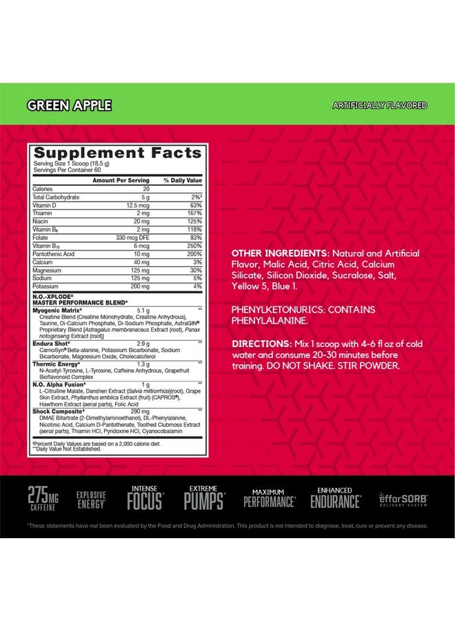 BSN N.O.-XPLODE Pre Workout Powder, Energy Supplement for Men and Women with Creatine and Beta-Alanine, Flavor: Green Apple, 60 Servings - Image 2