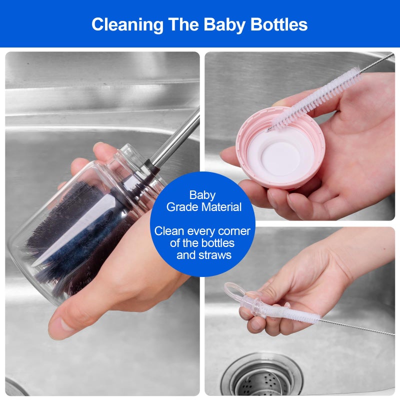 SweeBe Bottle Brush, Long Stainless Steel Handle Water Bottle Brush Cleaner, Sports Bottle Scrubber, Kitchen Scrub Cleaning Brushes for Beer Bottles, Cups, Wine Glasses, Coffee Mugs, Tumblers, Thermos - Image 2