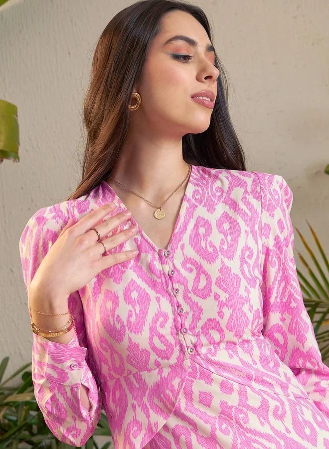 ساسافراس Ikat Print Peplum Detail Midi Dress by Styli