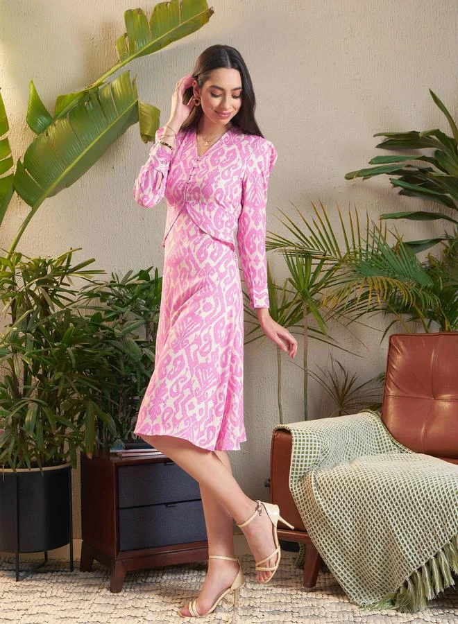 ساسافراس Ikat Print Peplum Detail Midi Dress by Styli