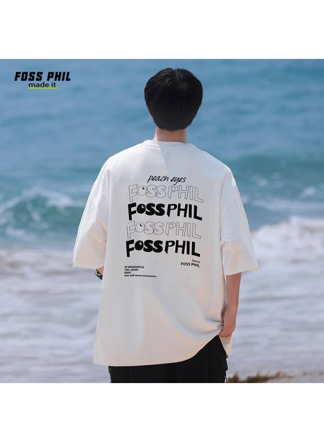 Foss Phil Short-sleeve T-shirt For Men And Women, Summer Loose Pure Cotton Casual Trendy Printed Undershirt Top F0016 White XL - Image 5