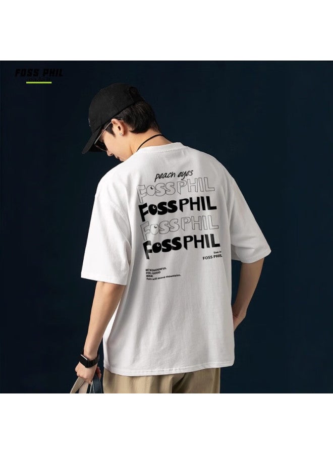 Foss Phil Short-sleeve T-shirt For Men And Women, Summer Loose Pure Cotton Casual Trendy Printed Undershirt Top F0016 White XL - Image 1