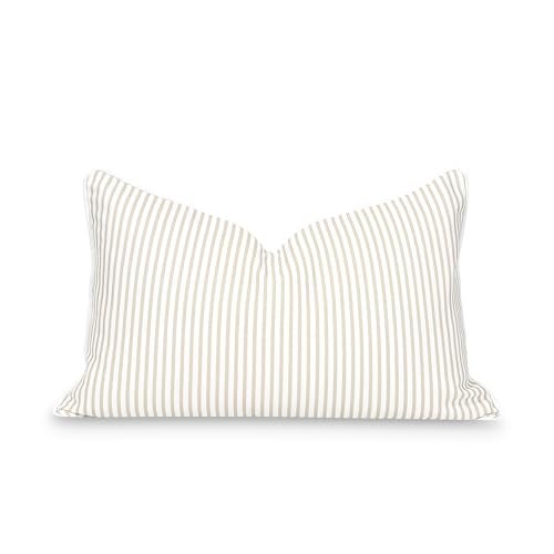 Hofdeco Premium Fall Coastal Patio Indoor Outdoor Lumbar Pillow Cover Only 12x20 Water Repellent for Backyard Couch Neutral Tan Stripe - Image 1