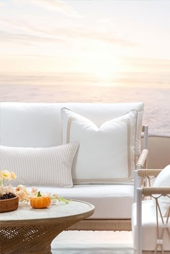 Hofdeco Premium Fall Coastal Patio Indoor Outdoor Lumbar Pillow Cover Only 12x20 Water Repellent for Backyard Couch Neutral Tan Stripe - Image 3