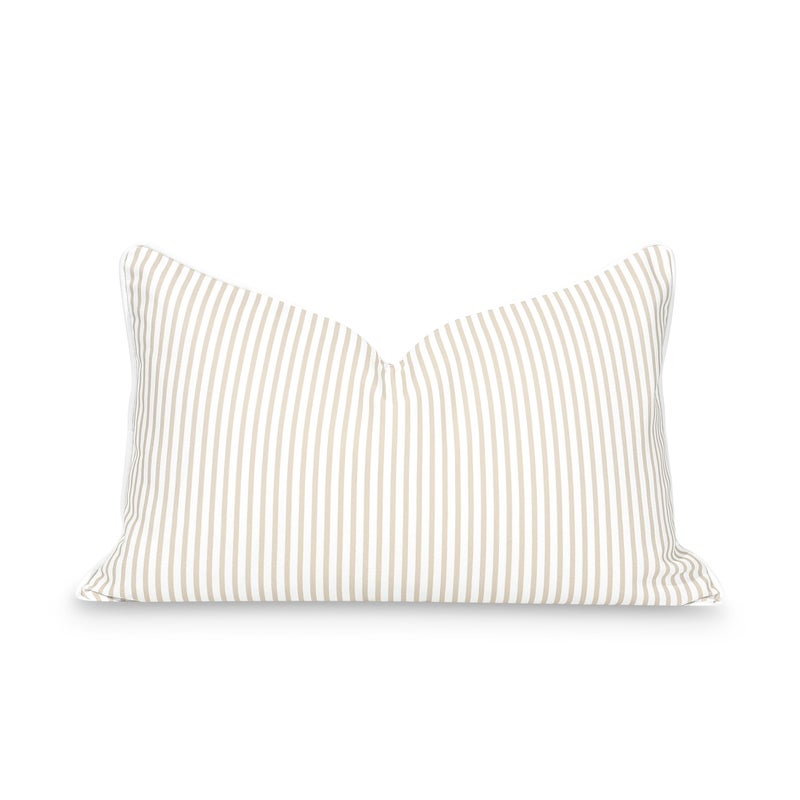 Hofdeco Premium Fall Coastal Patio Indoor Outdoor Lumbar Pillow Cover Only 12x20 Water Repellent for Backyard Couch Neutral Tan Stripe - Image 2