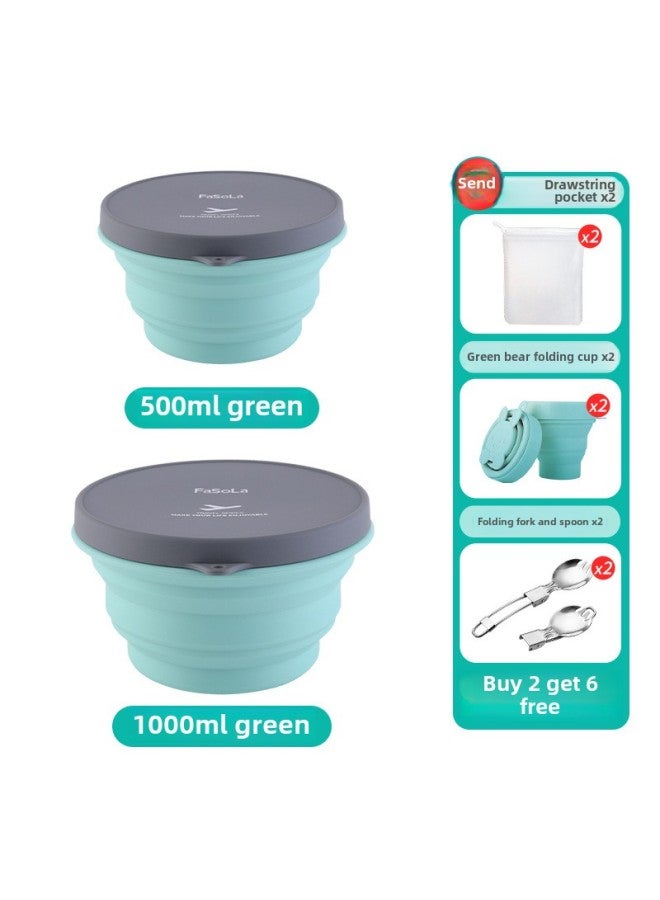 Food Grade Silicone Folding Bowl Portable Travel Retractable Noodle Bowl Baby Children Travel Outdoor Tableware Lunch Box-Specifications:Default Items-Color:✅500ml Green + 1000ml Green (free 2 Green Bear Folding Cups + 80% Off Stacked Forks And Spoons + 2 Cuffs - Image 1