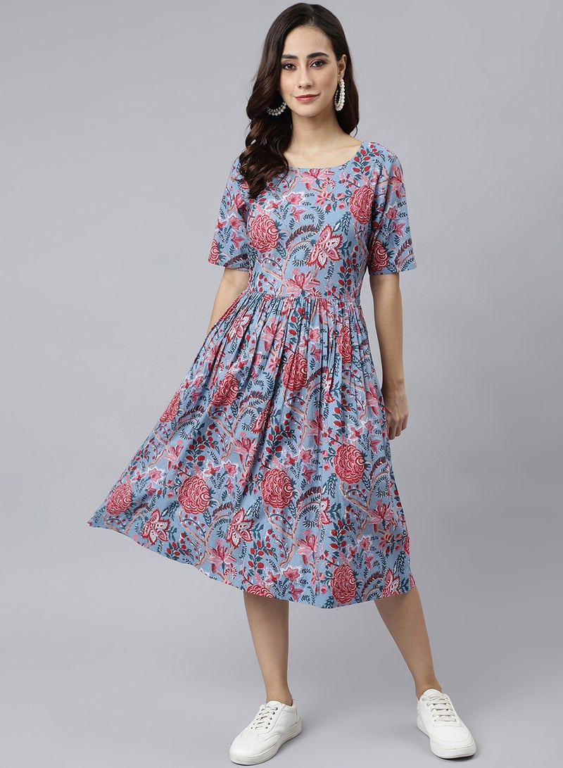 IndHeritage Premium Dress - Latest collection - Cotton light blue colour mid calf length dress - Stylish trending Indo Western Dress - Image 1