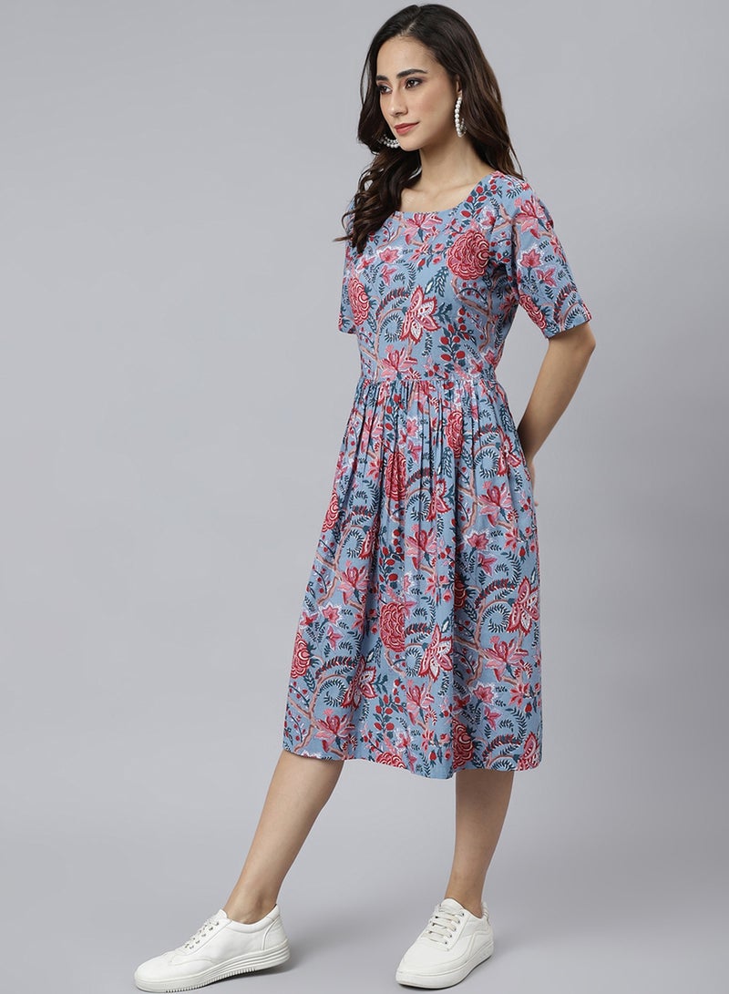 IndHeritage Premium Dress - Latest collection - Cotton light blue colour mid calf length dress - Stylish trending Indo Western Dress - Image 4