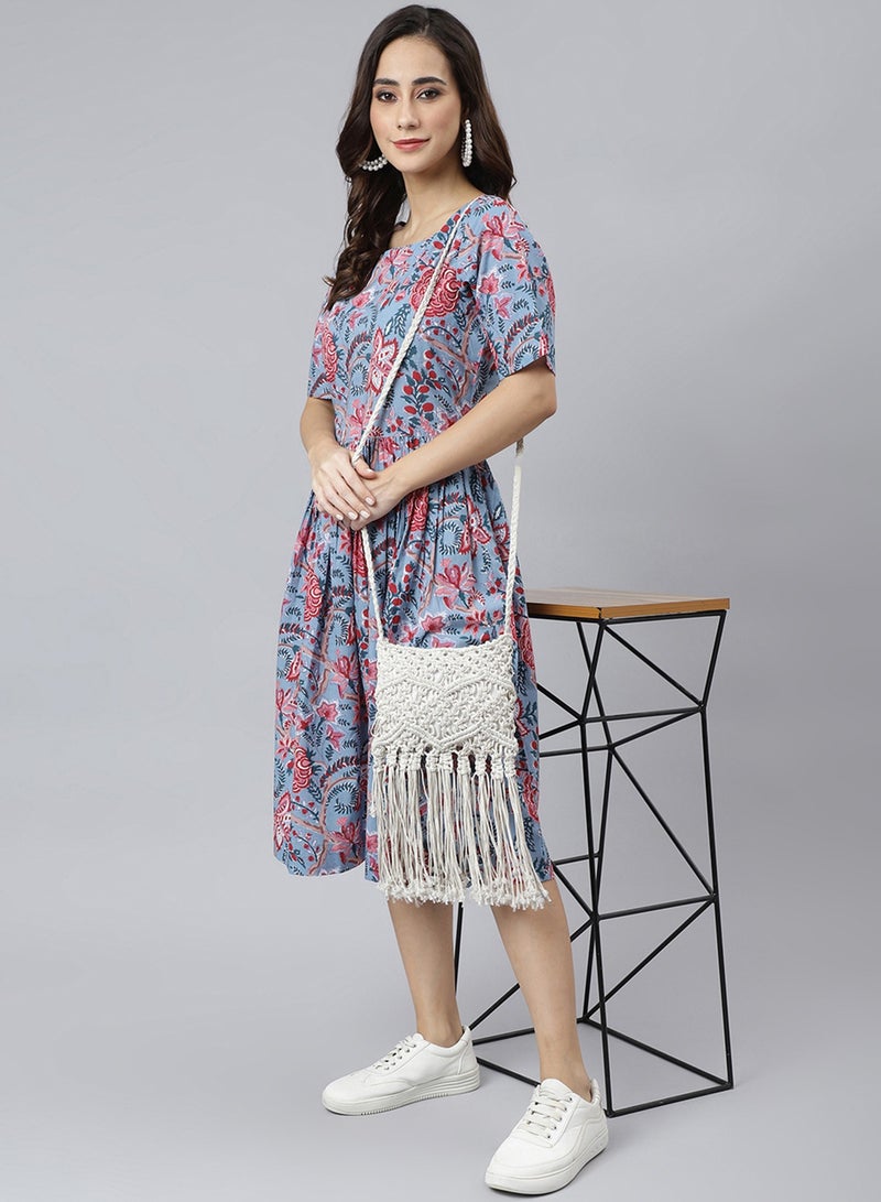 IndHeritage Premium Dress - Latest collection - Cotton light blue colour mid calf length dress - Stylish trending Indo Western Dress - Image 2