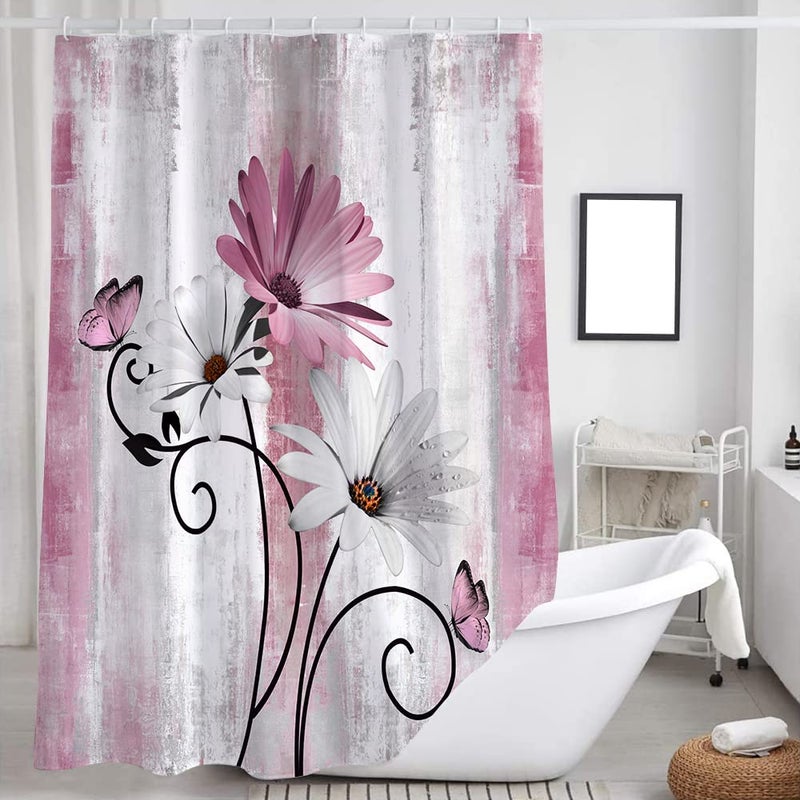 Veivian Rustic Farmhouse Startain Farm Pink Daisy Floral Flowers and Butterfly on Country Wooden Shower Stain for Bathroom Pink Gray Bather Bather Sertains with 6pcs Hooks 36x70in - Image 4