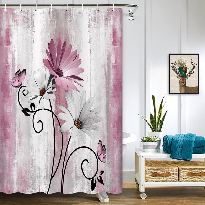 Veivian Rustic Farmhouse Startain Farm Pink Daisy Floral Flowers and Butterfly on Country Wooden Shower Stain for Bathroom Pink Gray Bather Bather Sertains with 6pcs Hooks 36x70in - Image 3
