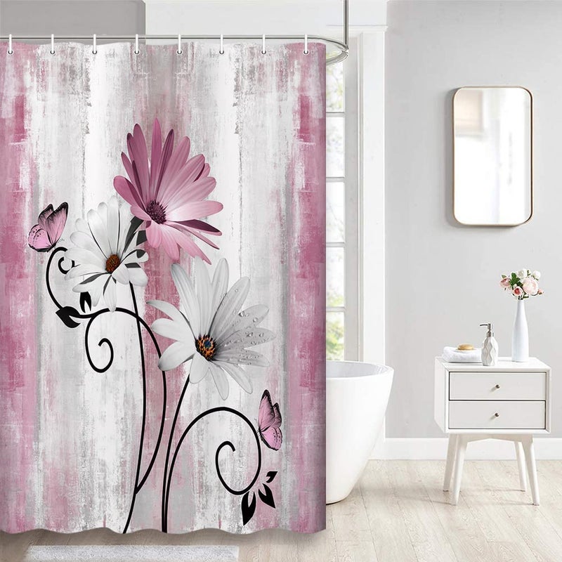 Veivian Rustic Farmhouse Startain Farm Pink Daisy Floral Flowers and Butterfly on Country Wooden Shower Stain for Bathroom Pink Gray Bather Bather Sertains with 6pcs Hooks 36x70in - Image 1