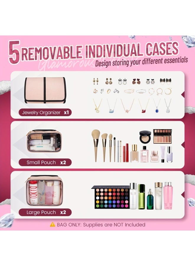 Bukela Travel Makeup Bag Storage Bag 4 Detachable Boxes 1 Jewelry Sorting Roll Multiple Storage Bags Makeup Bag(Pink) - Image 5