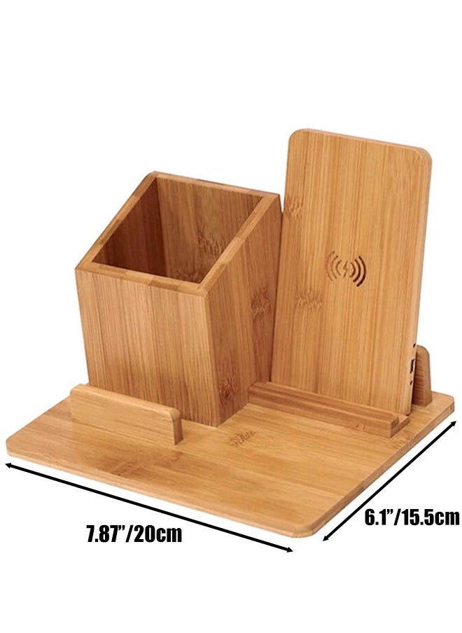 Generic Bamboo Wireless Charger Desk Organizer, Wireless Charging Pad and Pen Holder, 7.5W Compatible with iPhone X/XR/XS MAX/XS/8/8 Plus, 10W Samsung Galaxy S10/S10 Plus/S10E/S9, 5W All Qi-Enabled Phones  - Image 1