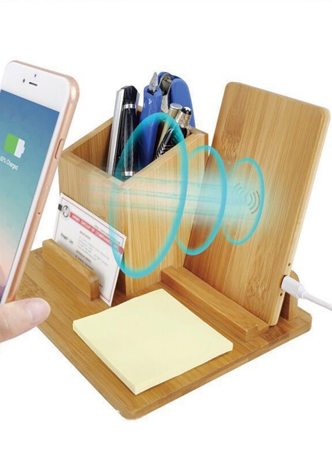 Generic Bamboo Wireless Charger Desk Organizer, Wireless Charging Pad and Pen Holder, 7.5W Compatible with iPhone X/XR/XS MAX/XS/8/8 Plus, 10W Samsung Galaxy S10/S10 Plus/S10E/S9, 5W All Qi-Enabled Phones  - Image 4