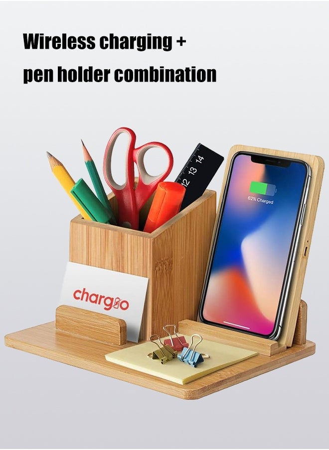 Generic Bamboo Wireless Charger Desk Organizer, Wireless Charging Pad and Pen Holder, 7.5W Compatible with iPhone X/XR/XS MAX/XS/8/8 Plus, 10W Samsung Galaxy S10/S10 Plus/S10E/S9, 5W All Qi-Enabled Phones  - Image 2