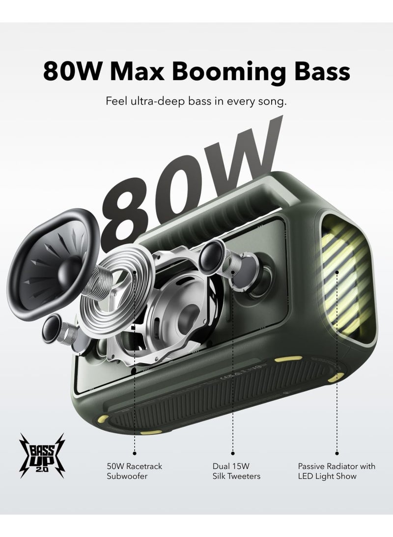 Soundcore Boom 2 by Anker, Outdoor Speaker, 80W, Subwoofer, BassUp 2.0, 24H Playtime, IPX7 Waterproof, Floatable, RGB Lights, USB-C, Custom EQ, Bluetooth 5.3, Portable for Camping and Beach - Green - Image 2