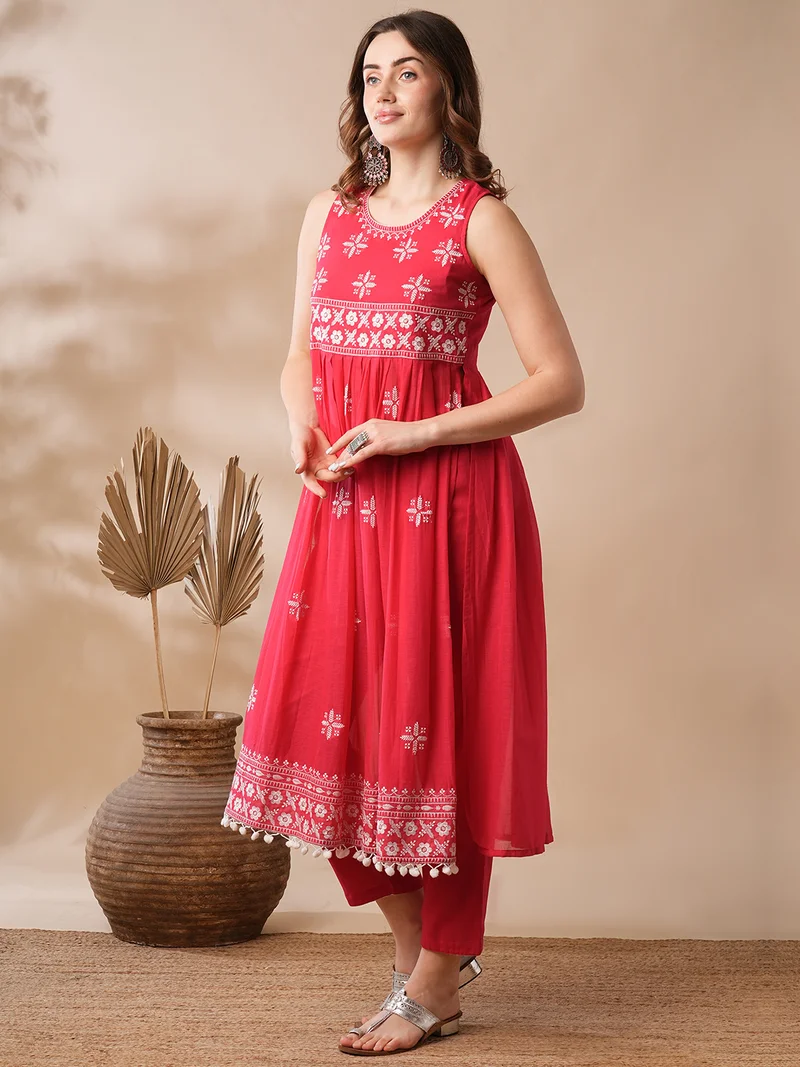 globus Women Floral Embroidered Pleated High-Slit Pom Pom Hem A-Line Kurta & Pants Festive Set