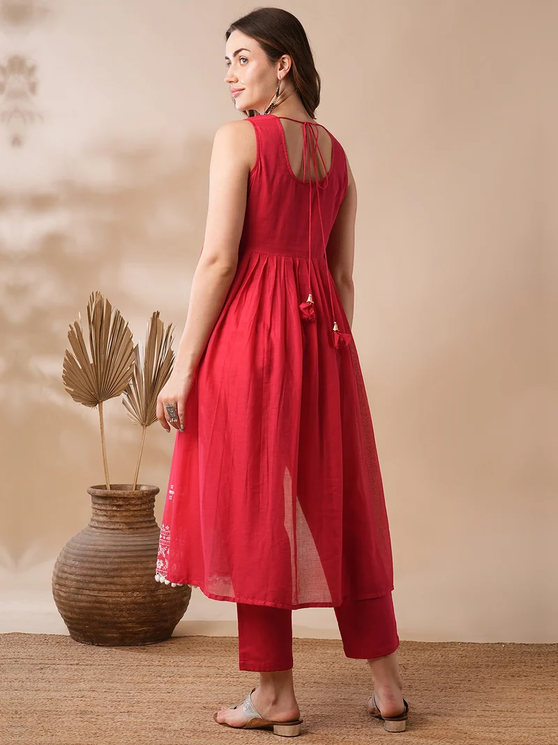 globus Women Floral Embroidered Pleated High-Slit Pom Pom Hem A-Line Kurta & Pants Festive Set