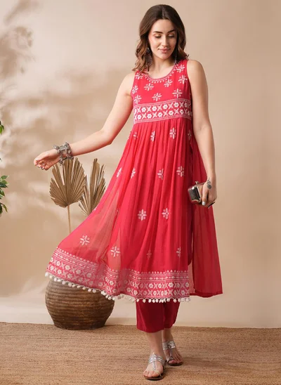 globus Globus Women Floral Embroidered Pleated High-Slit Pom Pom Hem A-Line Kurta & Pants Festive Set