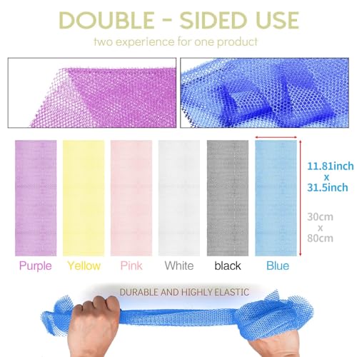 UJFQBH 6 Pieces African Bath Sponge African Net Long Net Bath Sponge Exfoliating Shower Body Scrubber Back Scrubber Skin Smoother,Great for Daily Use (Pink, Yellow, Purple, Blue, Black, Off-White) - Image 3