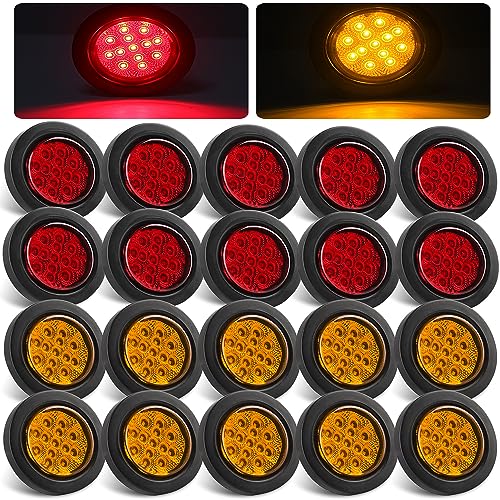 Konrali 2.5" Round LED Marker Lights 13 LEDs w/Reflectors, 10 Amber + 10 Red 2 1/2" Round LED Trailer Marker Lights Truck RV Side Clearance Marker Lights Sealed Flush Grommets Mount w/2 Prong Wire Pigtails - Image 1