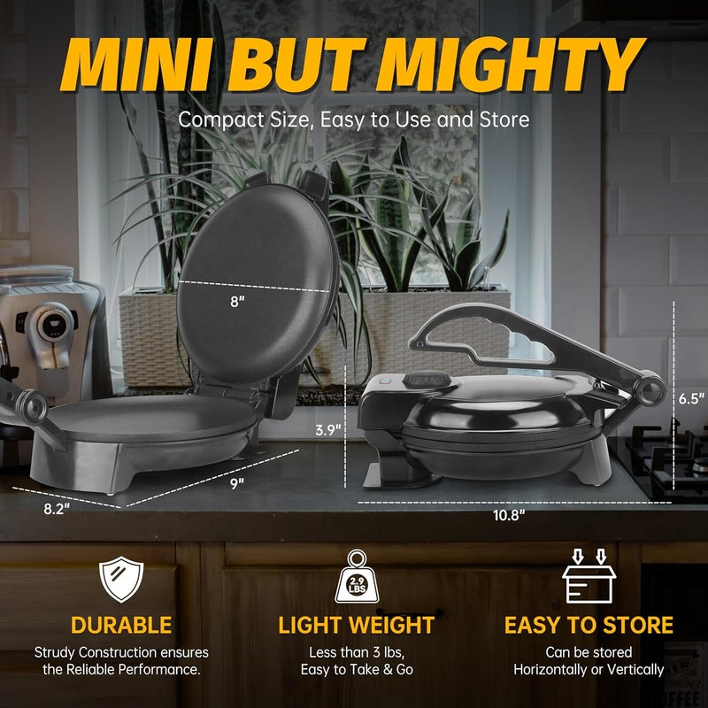 FineMade Compact Roti Maker, 8'' Electric Tortilla Maker Machine, Maquina Para Hacer Tortillas, Electric Tortilla Press, Prensa Para Tortillas, Crepe Maker, Recipe Included, Black - Image 4