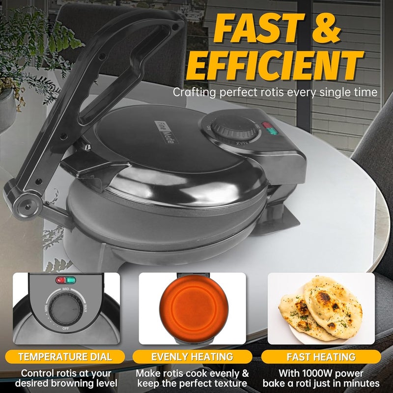FineMade Compact Roti Maker, 8'' Electric Tortilla Maker Machine, Maquina Para Hacer Tortillas, Electric Tortilla Press, Prensa Para Tortillas, Crepe Maker, Recipe Included, Black - Image 2