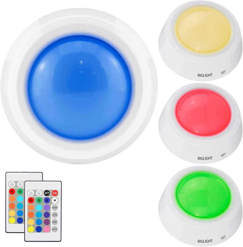 BIGLIGHT Battery Operated Closet Lights with RGB, Wireless Tap Light, LED Puck Lights, Remote Controlled Color Changing, Stick on Voice Level Lights for Classroom， 4 Pack - Image 1