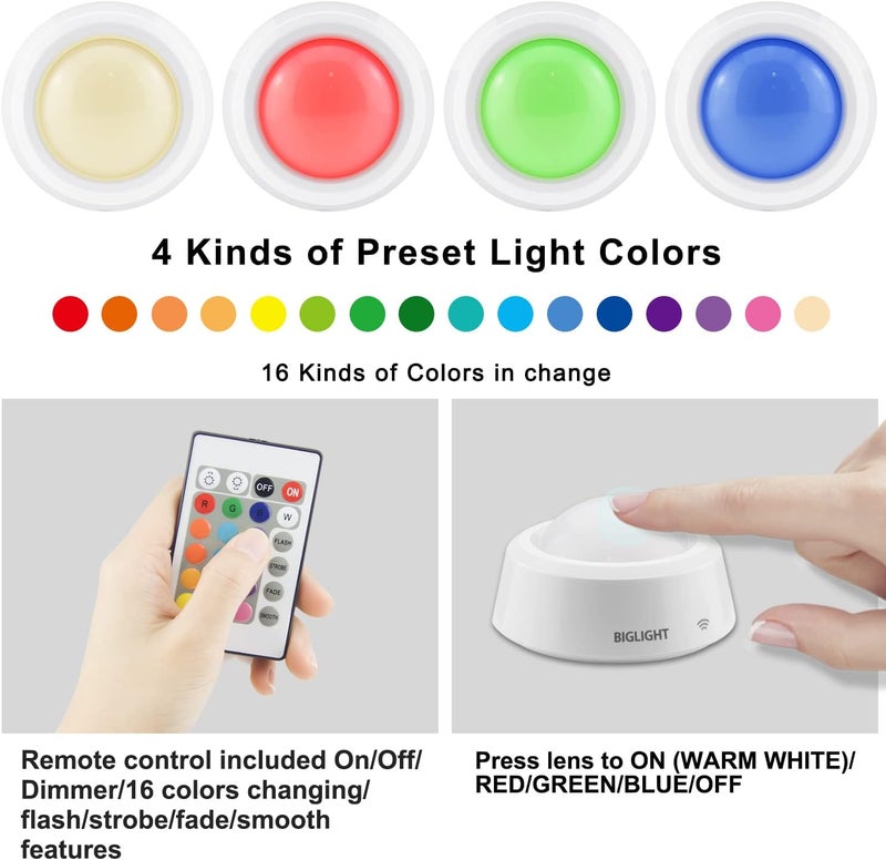 BIGLIGHT Battery Operated Closet Lights with RGB, Wireless Tap Light, LED Puck Lights, Remote Controlled Color Changing, Stick on Voice Level Lights for Classroom， 4 Pack - Image 2