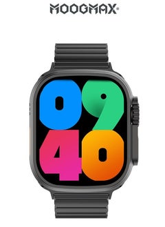 MoogMax (2nd Gen) ultra watch. IPX6 Water-resistant watch ultra. Smart touch watch with gesture-based call answering & answering from the watch using the built-in mic. smart watch ultra with a watch mobile app. Smart sports watch with all fitness measurements. smartwatch with wireless charging. Black
