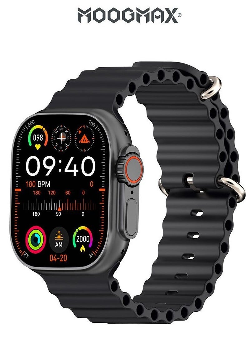 MOOGMAX - MoogMax (2nd Gen) ultra watch. IPX6 Water-resistant watch ultra. Smart touch watch with gesture-based call answering & answering from the watch using the built-in mic. smart watch ultra with a watch mobile app. Smart sports watch with all fitness measurements. smartwatch with wireless charging. Black - Image 1