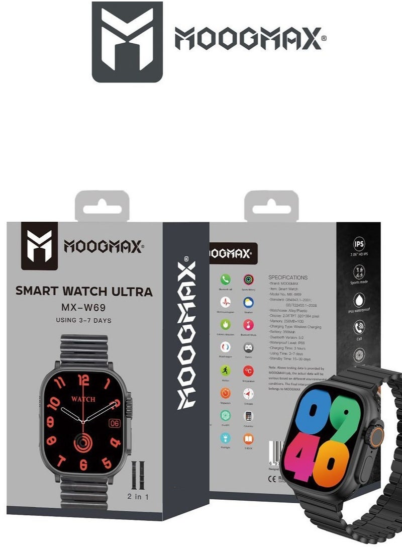 MOOGMAX - MoogMax (2nd Gen) ultra watch. IPX6 Water-resistant watch ultra. Smart touch watch with gesture-based call answering & answering from the watch using the built-in mic. smart watch ultra with a watch mobile app. Smart sports watch with all fitness measurements. smartwatch with wireless charging. Black - Image 1