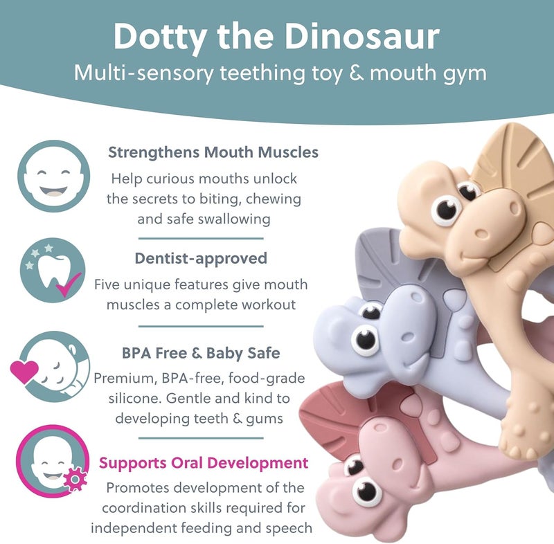 bibado Teething Toy : Dotty the Dinosaur™ Multi-Sensory Teether designed to strengthen and develop mouth muscles suitable for 3 Months and Above - Mist - Image 3