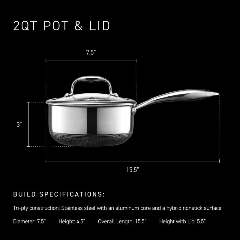 HexClad قدر هكسكلاد هجين غير لاصق سعة 2 لتر مع غطاء زجاجي مقسى، مقبض بارد، مناسب لغسالة الصحون، آمن للاستخدام في الفرن حتى 900 درجة فهرنهايت، جاهز للاستخدام على الموقد، متوافق مع جميع أسطح الطهي - Image 3