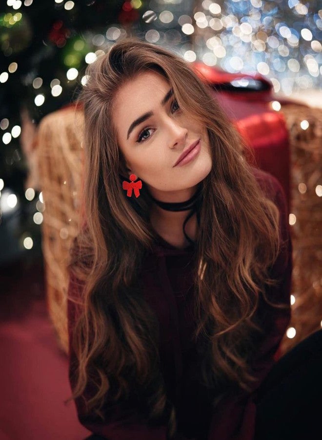 CEALXHENY Christmas Earrings Beaded Xmas Bow Earring for Women Handmade Red Green Holiday Bow Drop Dangle Earrings Festive Jewelry Gifts (Red) - Image 3