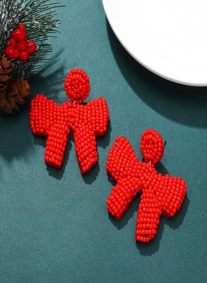 CEALXHENY Christmas Earrings Beaded Xmas Bow Earring for Women Handmade Red Green Holiday Bow Drop Dangle Earrings Festive Jewelry Gifts (Red) - Image 5