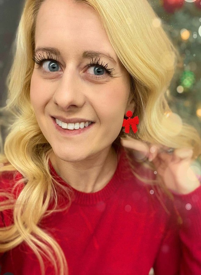 CEALXHENY Christmas Earrings Beaded Xmas Bow Earring for Women Handmade Red Green Holiday Bow Drop Dangle Earrings Festive Jewelry Gifts (Red) - Image 2