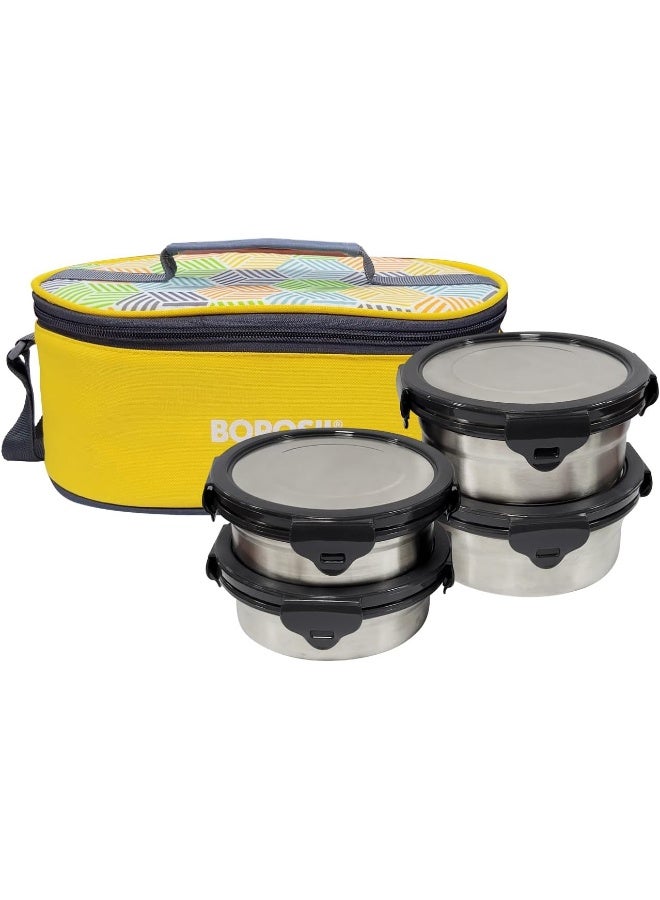 Borosil Sunshine Yellow Stainless Steel Lunch Box, Set of 4 Containers with Horizontal Lunch Bag Sunshine Yellow - Image 1