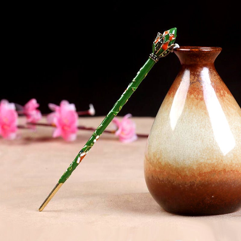 Generic Vintage Cloisonne Lotus Hairpin Hanfu Accessory Lotus Green 