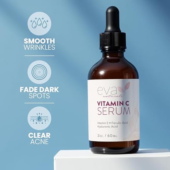 Eva Naturals Vitamin C Serum for Face - 20% Vit C with Hyaluronic Acid, Ferulic Acid & Vitamin E - Facial Serum for Dark Spots, Acne, Anti Aging, Glow & Even Skin Tone, 2 Fl Oz - Image 2