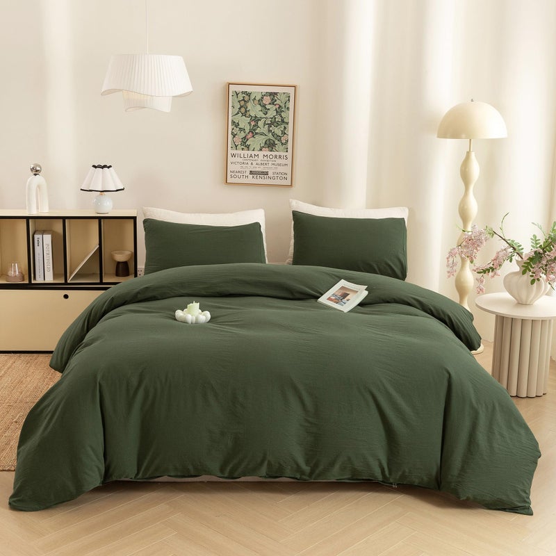 ECOCOTT 3 Pieces Duvet Cover Queen Size 100% Washed Cotton 1 Duvet Cover with Zipper and 2 Pillowcases, Ultra Soft and Easy Care Breathable Cozy Simple Style Bedding Set (Avocado Green) - Image 1
