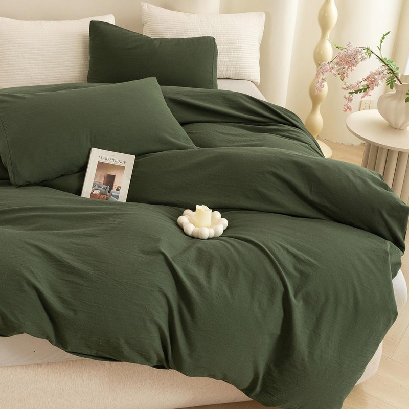 ECOCOTT 3 Pieces Duvet Cover Queen Size 100% Washed Cotton 1 Duvet Cover with Zipper and 2 Pillowcases, Ultra Soft and Easy Care Breathable Cozy Simple Style Bedding Set (Avocado Green) - Image 4
