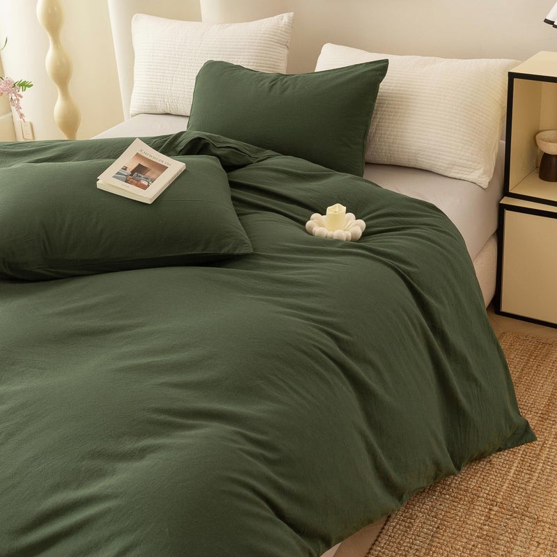 ECOCOTT 3 Pieces Duvet Cover Queen Size 100% Washed Cotton 1 Duvet Cover with Zipper and 2 Pillowcases, Ultra Soft and Easy Care Breathable Cozy Simple Style Bedding Set (Avocado Green) - Image 3